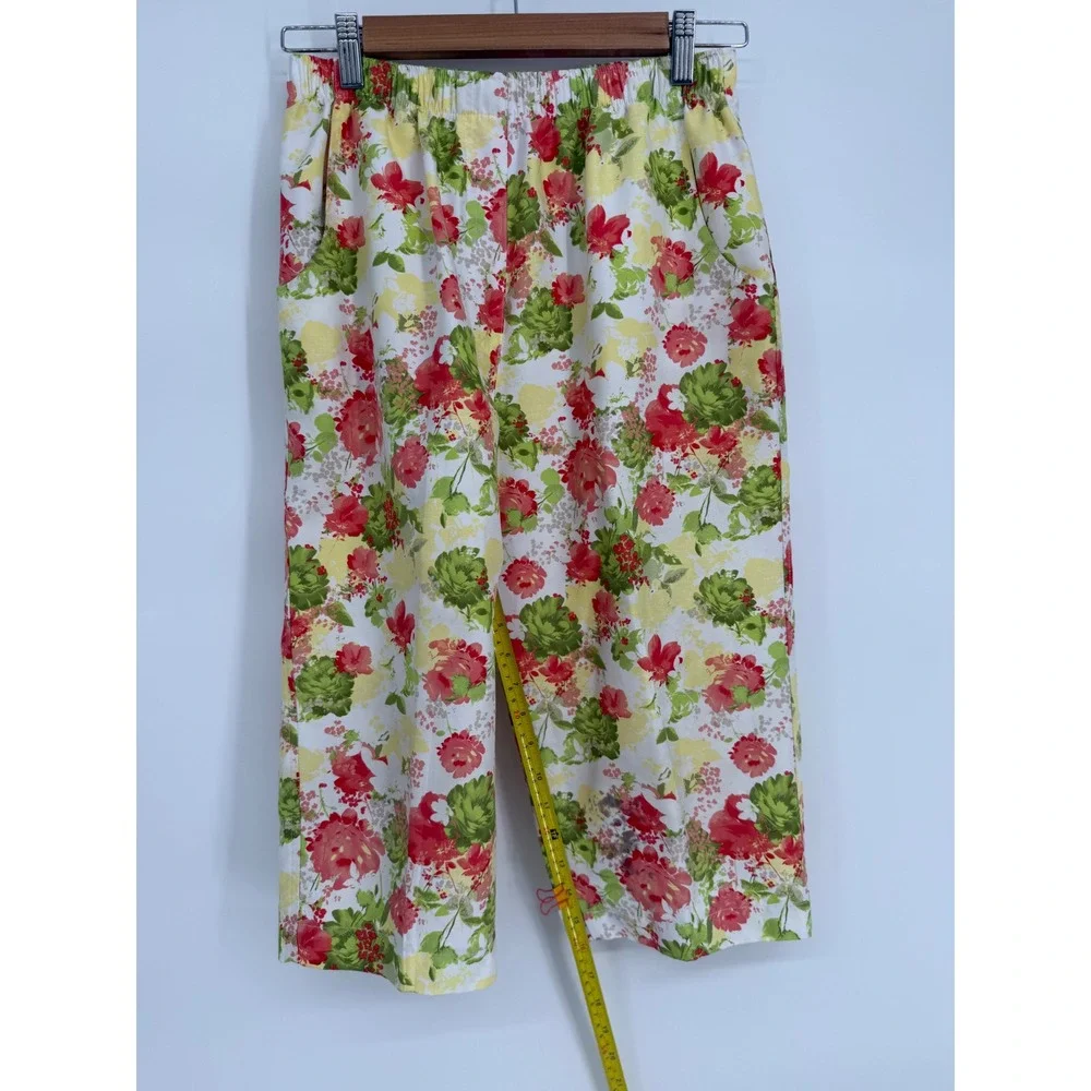 Alia Womens Floral Cropped Pants Red Green Yellow Elastic Waist Sz 8 Wide Leg